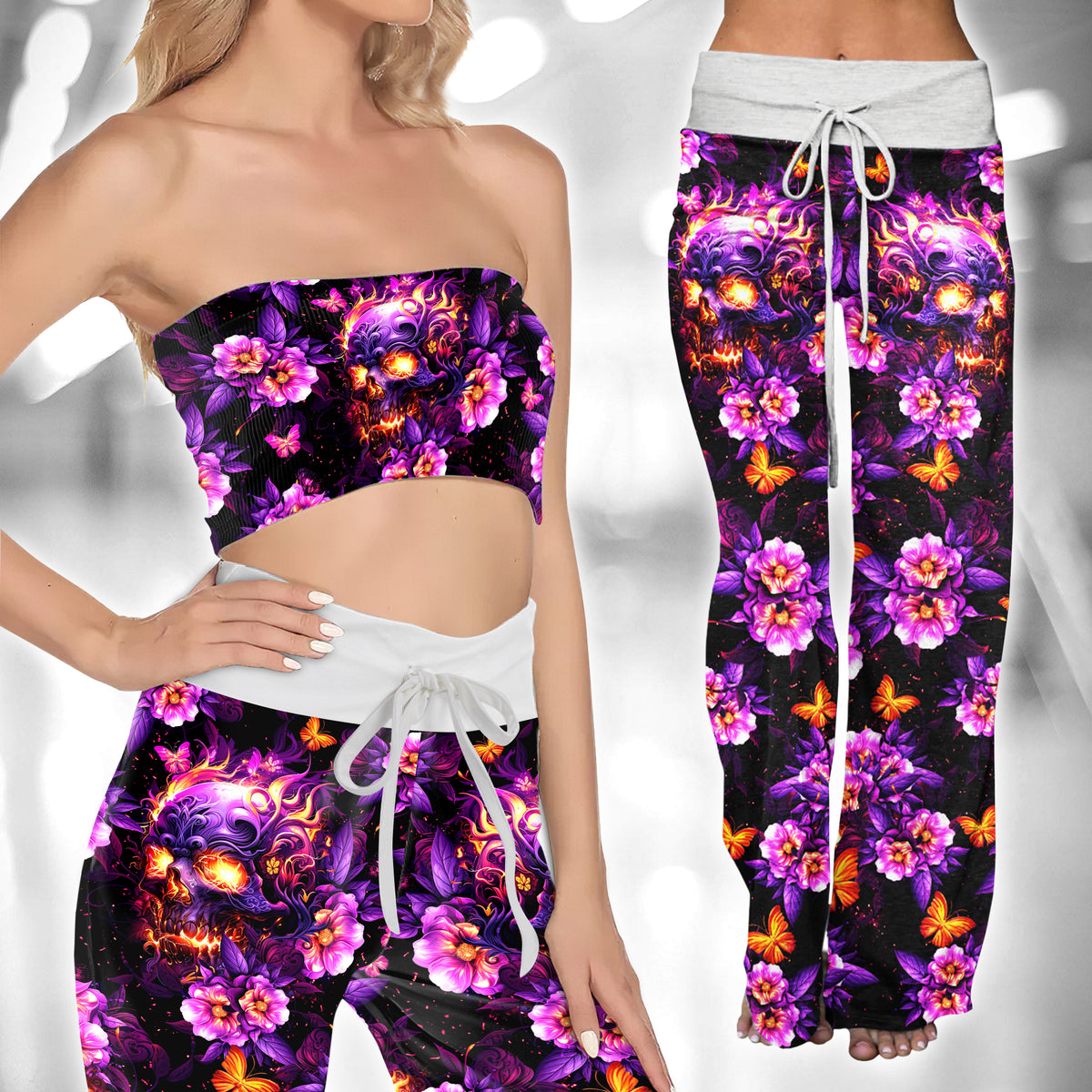 Image featuring a stylish set of women's tube top and high-waisted pants, perfect for summer outings and beachwear. The ensemble exudes a trendy and chic vibe, ideal for resort vacations, beach parties, and poolside lounging. The tube top offers a flattering silhouette, while the high-waisted pants provide comfort and style. This fashionable outfit set is a must-have for anyone looking to make a statement under the sun.