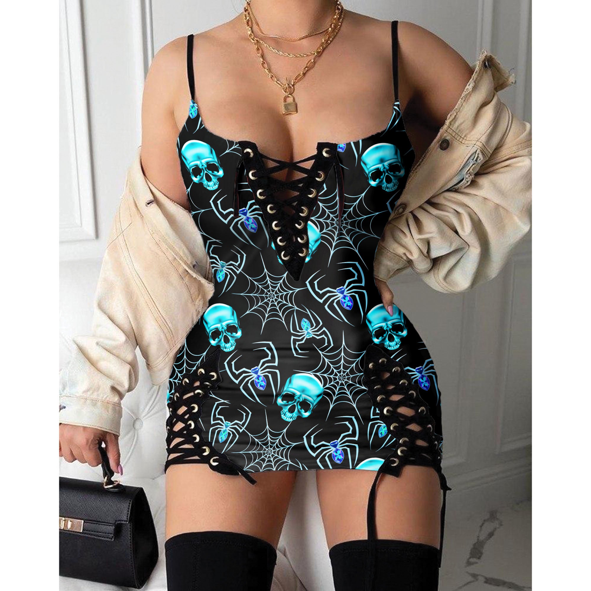 Express your personal style with the Hot Gothic Dress, a timeless piece featuring a unique Cyan Skull Spider, perfect for enhancing your daily fashion routine.