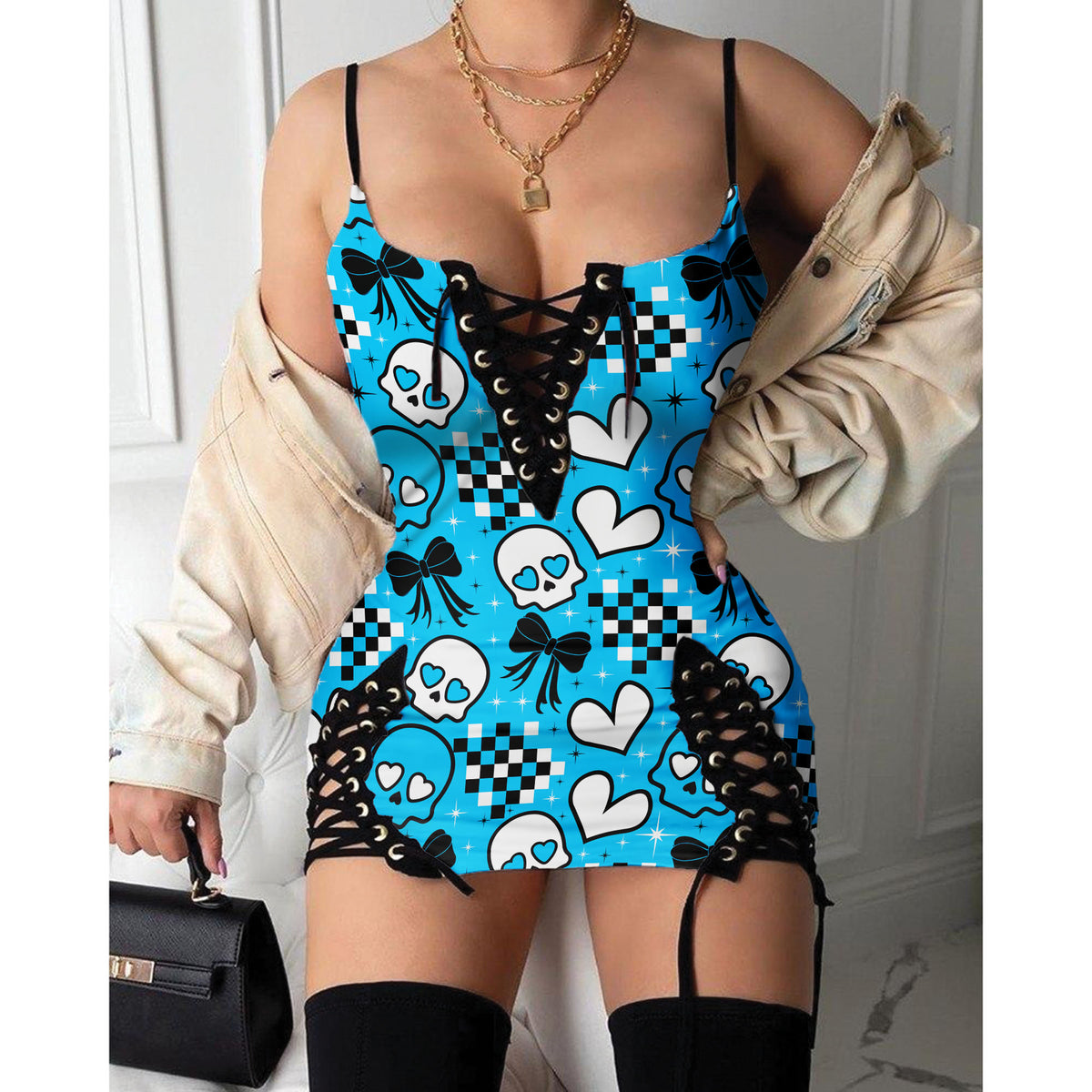 Express your personal style with the Hot Gothic Dress, a timeless piece featuring a unique Blue Skull Pattern, perfect for enhancing your daily fashion routine.