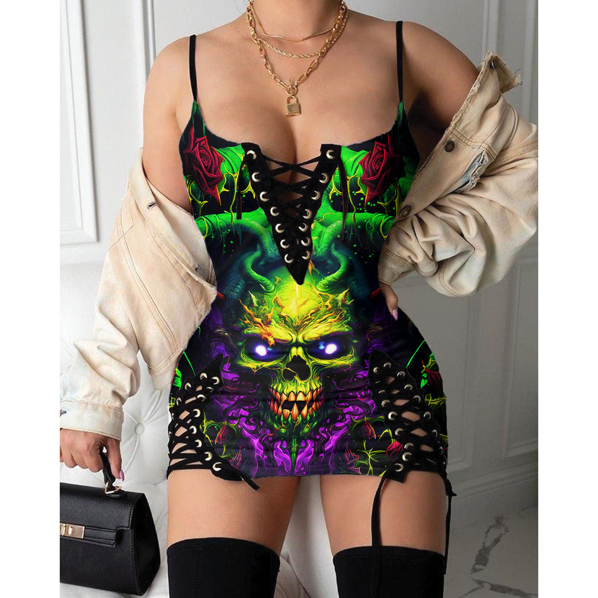 Express your personal style with the Hot Gothic Dress, a timeless piece featuring a unique Green Demon Skull, perfect for enhancing your daily fashion routine.