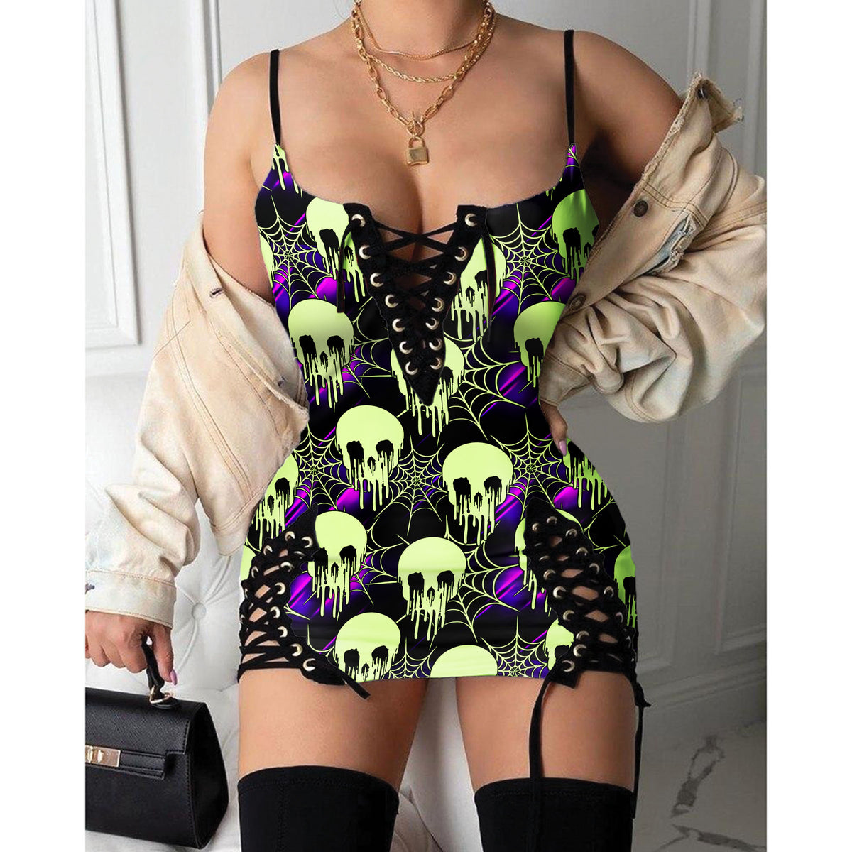 Express your personal style with the Hot Gothic Dress, a timeless piece featuring a unique Green Skull Spider, perfect for enhancing your daily fashion routine.