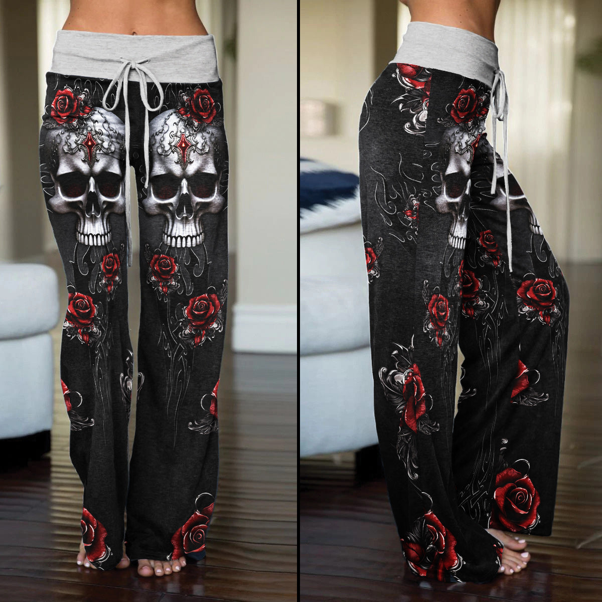 Skull Rose Dark Gothic Women's High-waisted Wide Leg Pants | Wonder Skull