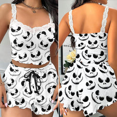 New Hot Nightmare Pajama set featuring delicate lace trim and playful bow front detail."