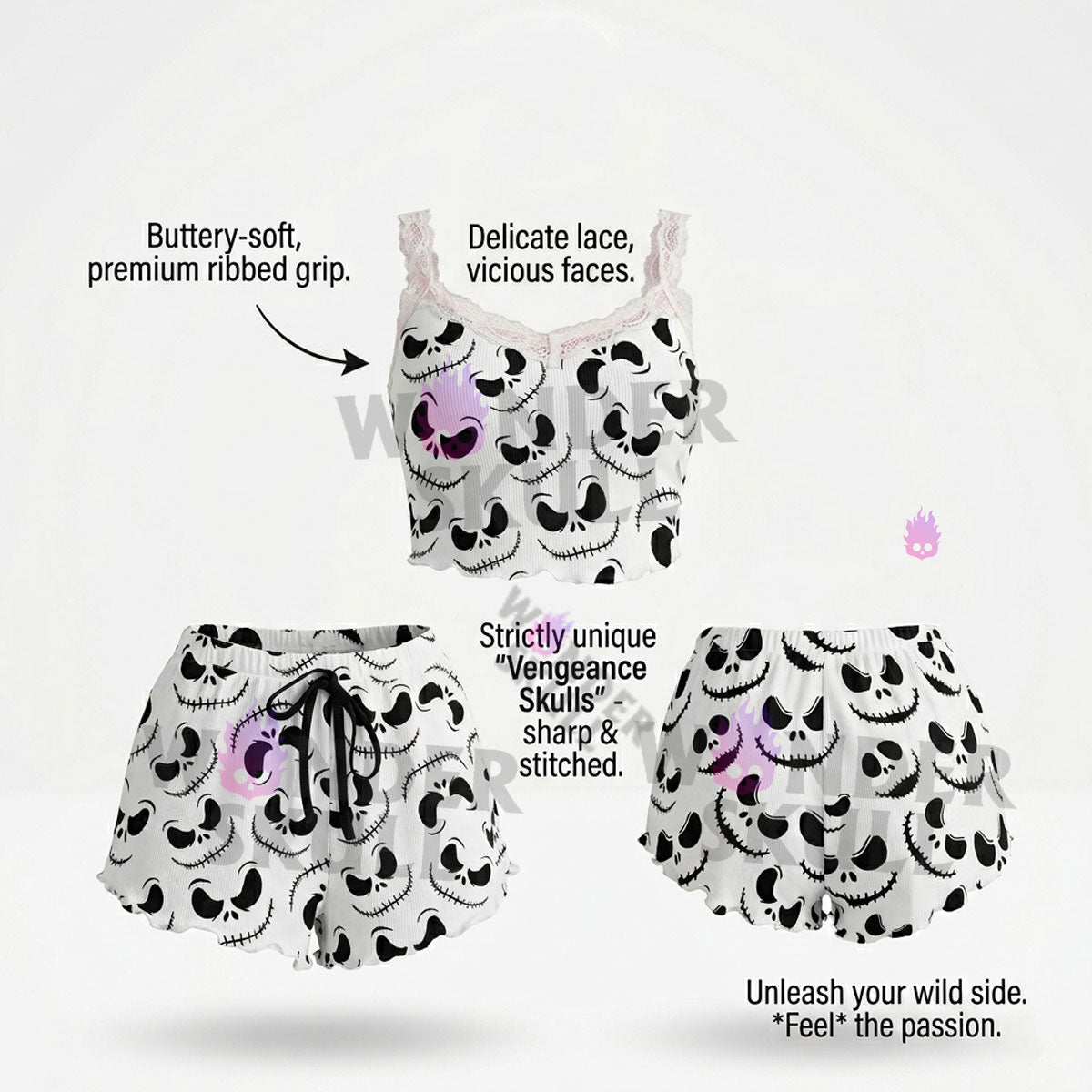 New Hot Nightmare Pajama set featuring delicate lace trim and playful bow front detail."