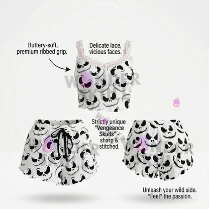 New Hot Nightmare Pajama set featuring delicate lace trim and playful bow front detail."