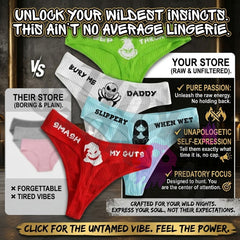 Wonder Skull Funny and Chic Women's Thongs Pack is perfect for anyone who doesn't take life too seriously. Each pair combines playful humor with gothic-inspired graphics, making them both comfortable and conversation-worthy. The soft ribbed fabric feels great all day, while the variety of colors gives you options for any occasion. Whether for yourself or as a gift, these thongs prove that comfort and personality go hand-in-hand.