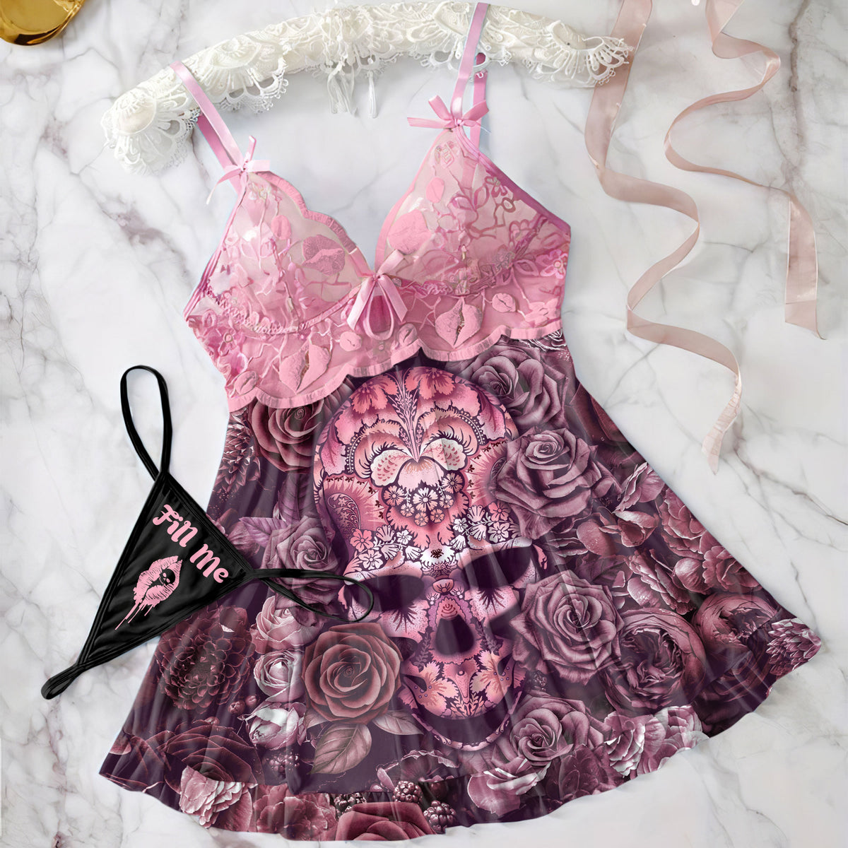 New Lace Babydoll Panty Set, Pink Lingerie, Skull Floral