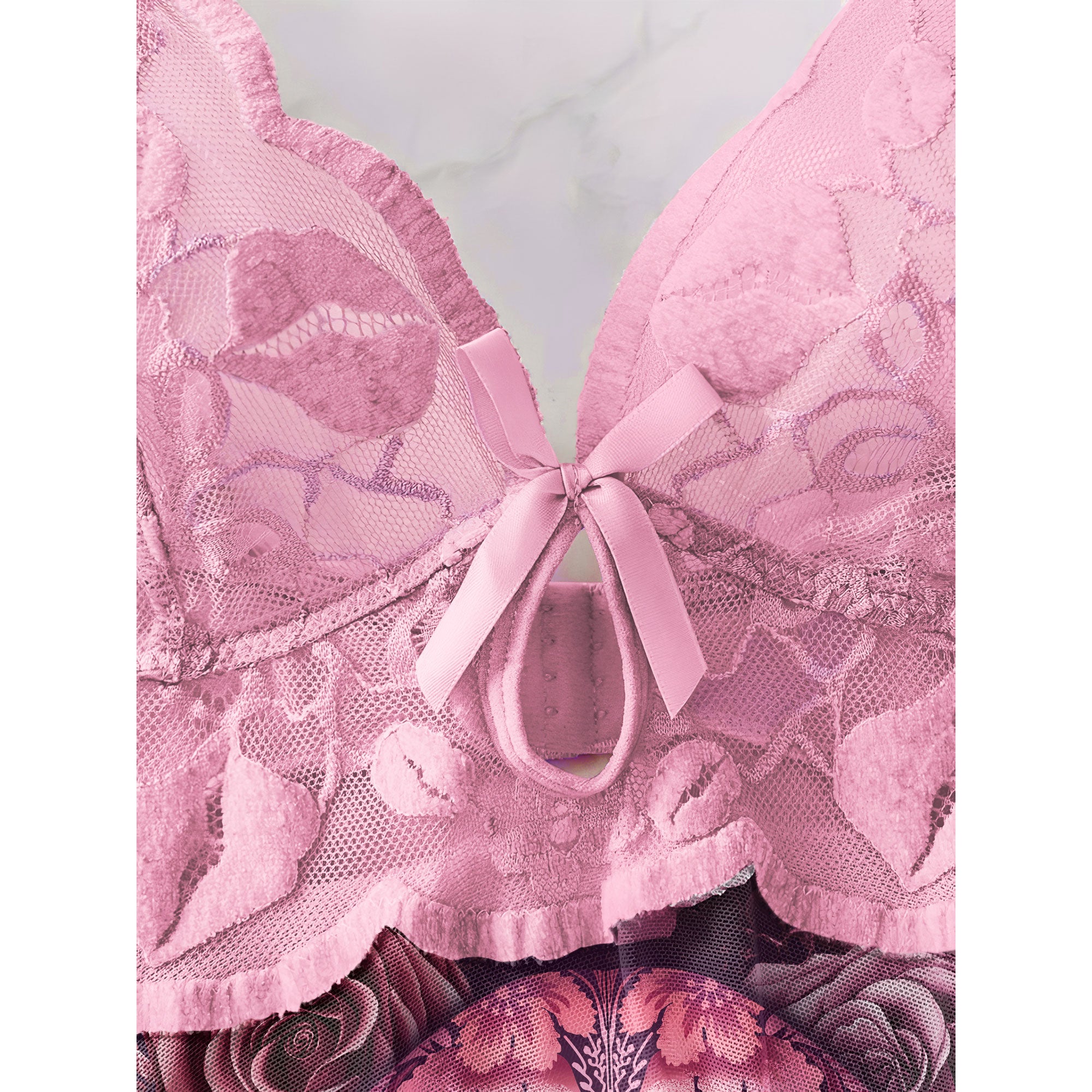 New Lace Babydoll Panty Set, Pink Lingerie,  Skull Floral Nightgowns For Women