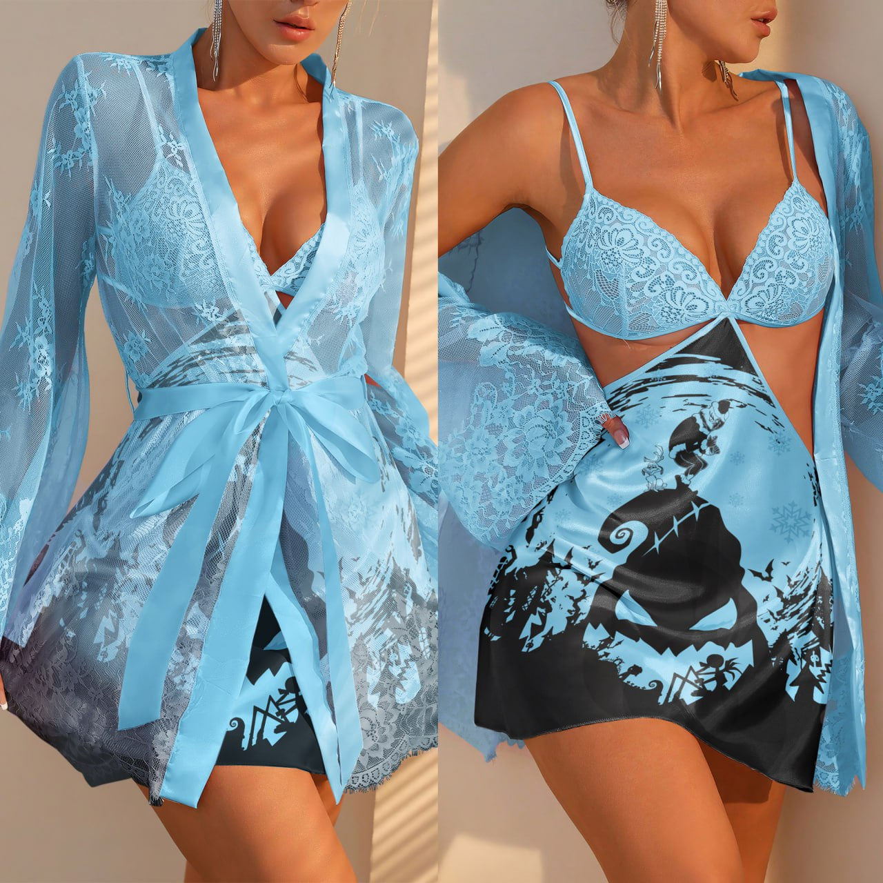 Unique art-themed, contrast lace detailed satin slips with robe from the Saphire collection, designed for comfort and allure.