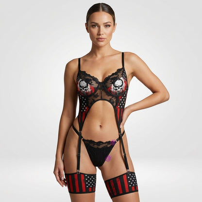 red lingerie set featuring a skull print design. The set includes a mesh bra with underwire cups adorned with floral accents, a matching thong, and garters for a flirtatious touch. Made of lightweight and durable polyester material. Perfect for adding a touch of style and sensuality to your wardrobe.