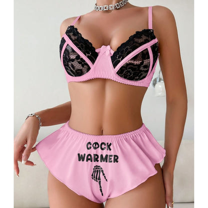 Wonder Skull Contrast Lace Bra and Panty Set combines trendy style with comfort, featuring a playful "Cock Warmer" print and exquisite lace detailing. This lingerie set is designed to elevate your beauty and spice up intimate moments, making it perfect for special occasions or adding excitement to your routine.