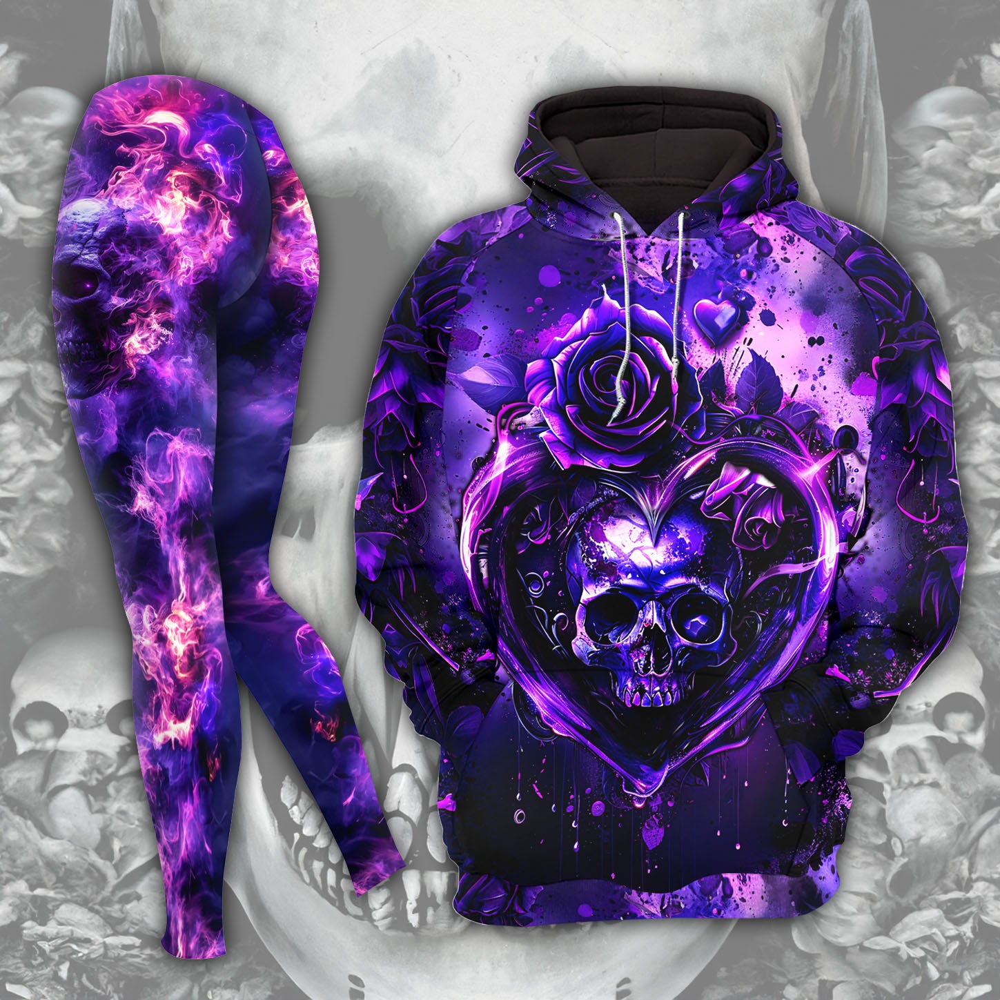 Purple Skull Rose Gothic Combo Hoodie and Leggings - Dark and edgy matching set with skull designs for a unique and stylish look