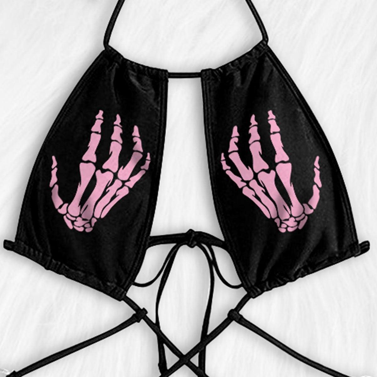 Pink Skull Funny Halter One Piece Criss-cross Bikini For Women Beachwears - Wonder Skull