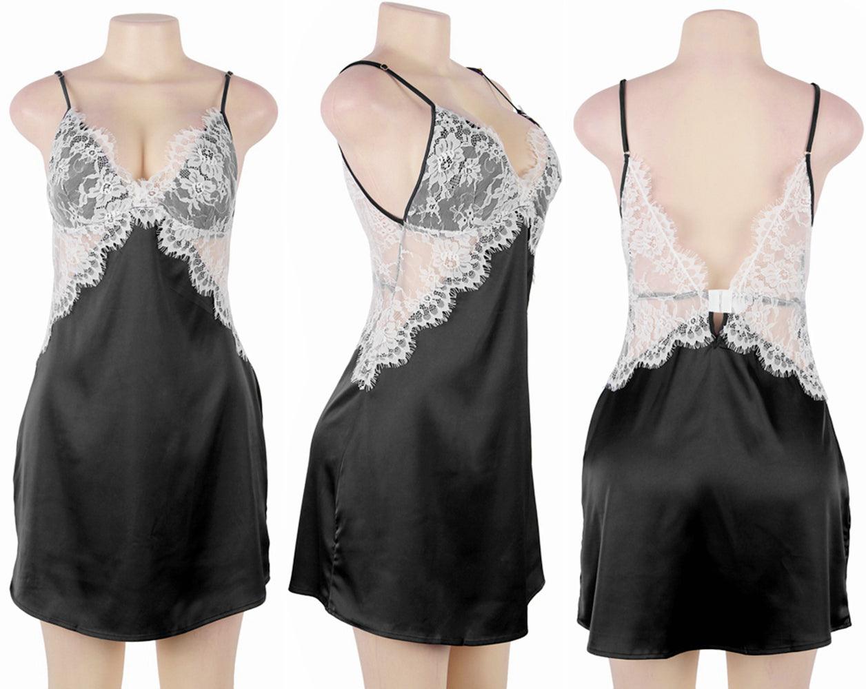 An lace nightgown with an open back design and adjustable straps. The delicate lace detailing and babydoll style provide a feminine and seductive look, while the soft and lightweight fabric ensures comfort and a flattering fit for every body type.
