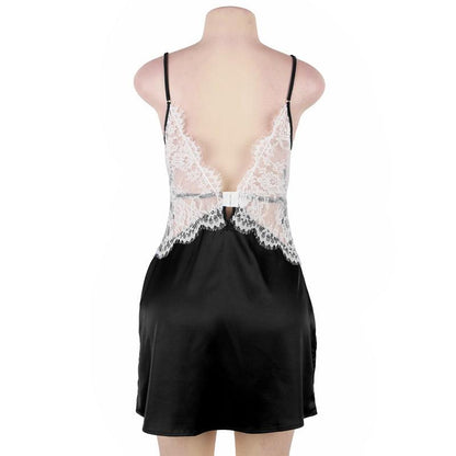 An lace nightgown with an open back design and adjustable straps. The delicate lace detailing and babydoll style provide a feminine and seductive look, while the soft and lightweight fabric ensures comfort and a flattering fit for every body type.