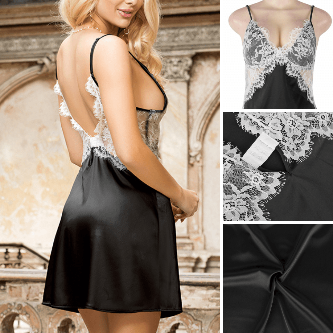 An lace nightgown with an open back design and adjustable straps. The delicate lace detailing and babydoll style provide a feminine and seductive look, while the soft and lightweight fabric ensures comfort and a flattering fit for every body type.