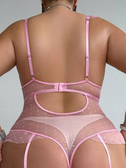 Sexy Women's Lingerie Set, Ruffle Trim Lace Strap Babydoll Bodysuit with Garter Belts