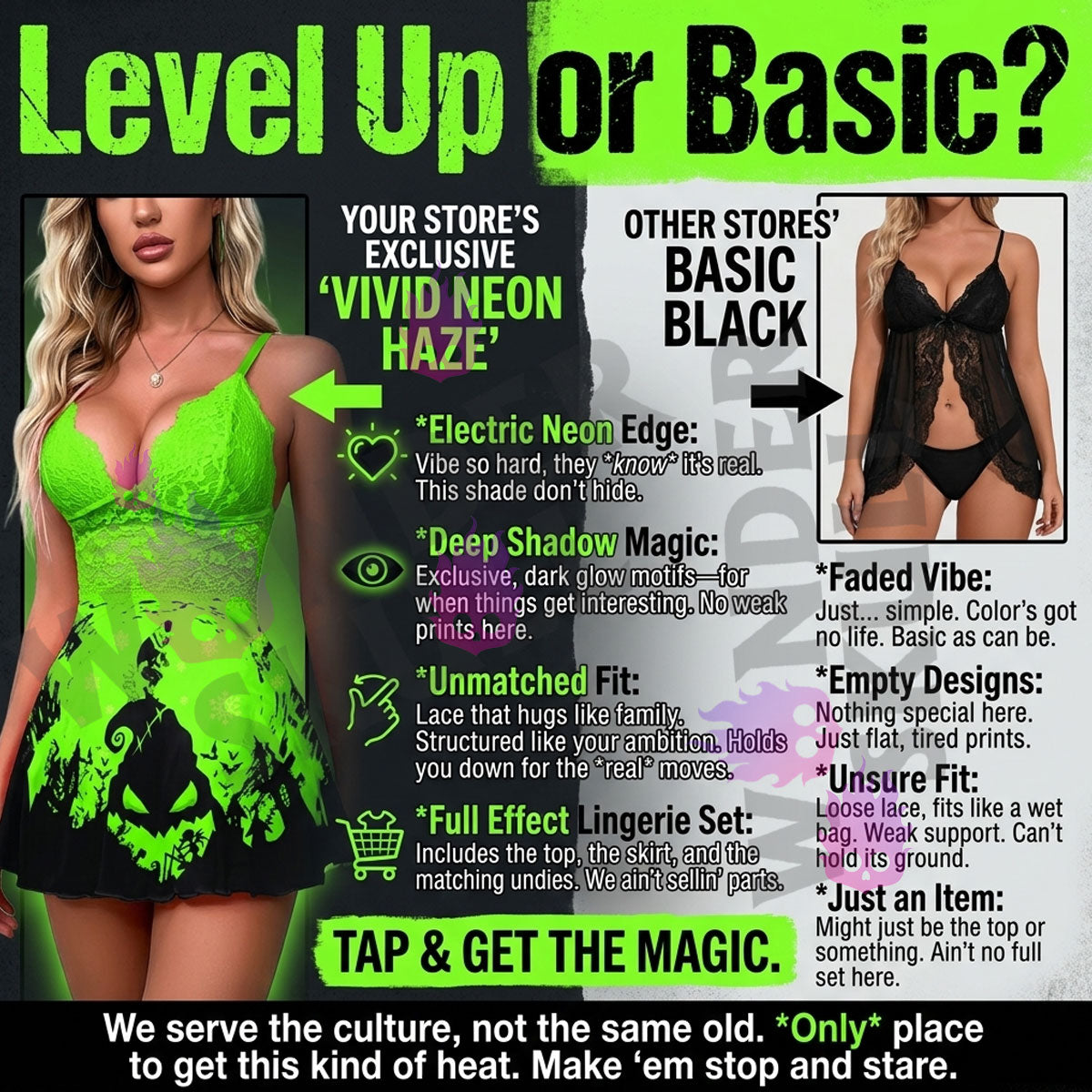Upgrade your style with the Wonder Skull Neon Green Witchy Chemise. Soft, breathable fabric, electric green lace, and adjustable straps combine comfort with bold, edgy fashion.