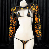 An alluring and seductive lingerie set with a gothic style, featuring intricate details and a unique print that makes it perfect for Halloween or any daring occasion. The set includes a top and bottom, both designed to fit perfectly and enhance the wearer's curves, making her feel confident and empowered.