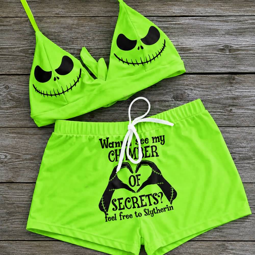 Wonder Skull sexy green two-piece string bikini for women, perfect for making a statement on the beach. The bikini features a halter V-neck, adjustable spaghetti straps, and removable soft padded cups for a flattering fit. Playful quote and Nightmare Before Christmas characters add a unique touch to this swimsuit. Stand out and have fun in this one-of-a-kind bathing suit.