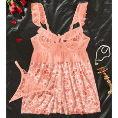 Women's Lace Babydoll Sleepwear Lingerie Set, Sexy Pink Orange Pajama Set. Floral lace top with removable bra design and adjustable straps for comfort. Split front design for a touch of sexy flair. Breathable and non-restrictive. Perfect for a comfortable yet alluring night's sleep.