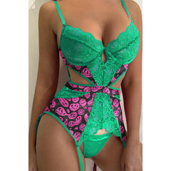 Wonder Skull Women's Lace Lingerie Set featuring a Green Emo Print Seductive Teddy Babydoll Bodysuit. Crafted with intricate lace and a unique green emo print, this bodysuit combines allure and comfort. Designed to enhance curves and provide a flattering fit, it offers an enchanting and seductive look.