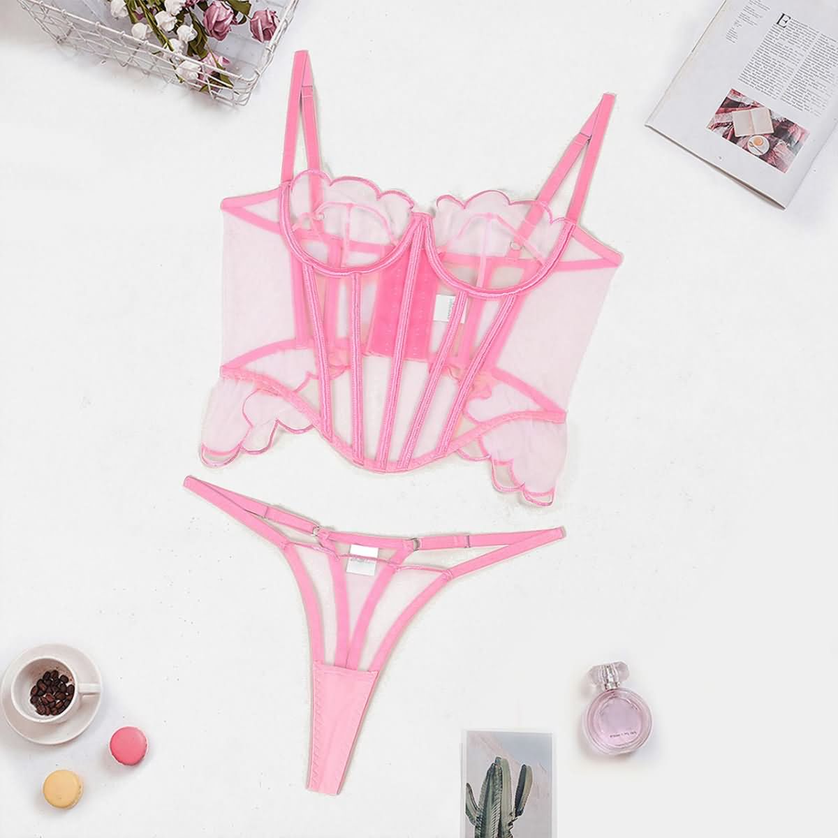 Women's Lingerie Set, Pink Bodysuit Teddy with Panty