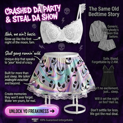 The Wonder Skull Women's Lingerie Set includes a White Nightmare Bra, short skirt, and stockings. Made from soft material, it offers a flattering fit and highlights femininity with a high-cut skirt. Perfect for elevating your nightwear collection.