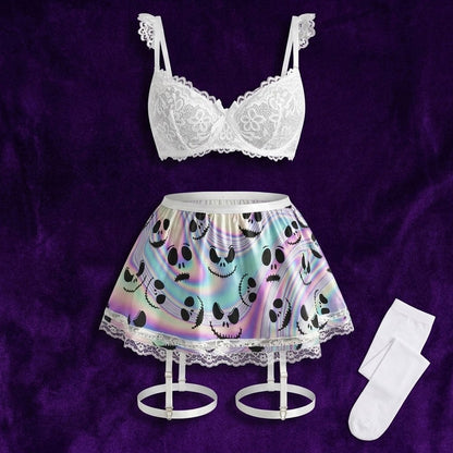 The Wonder Skull Women's Lingerie Set includes a White Nightmare Bra, short skirt, and stockings. Made from soft material, it offers a flattering fit and highlights femininity with a high-cut skirt. Perfect for elevating your nightwear collection.