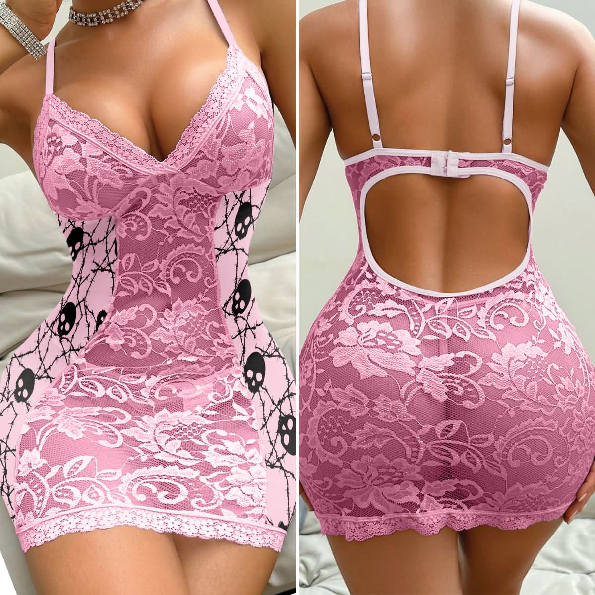 Wonder Skull Women's Lingerie, Pink Lace Sultry Skull Bodysuit Sleepwear Set with a skull motif for a trendy edge. Designed to enhance curves with its flattering silhouette and structured cups, it offers comfort with soft, breathable lace. Featuring a sexy back cut-out, this versatile piece is perfect for casual outings or special occasions, whether styled with jeans or worn solo. A must-have wardrobe addition!