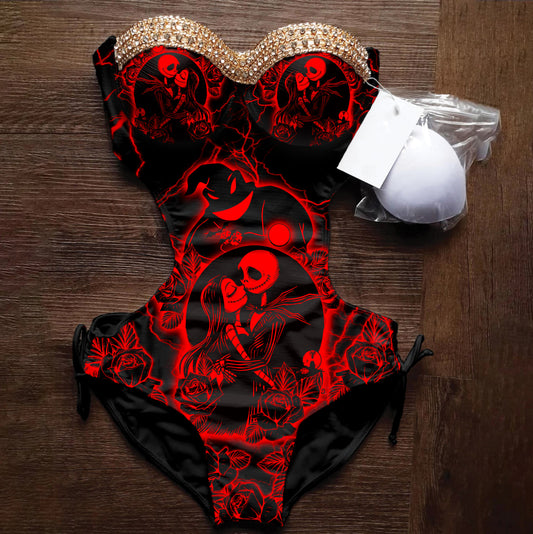 Women's One Piece Swimsuit Tummy Control, Red Nightmare Padded Push Up Bathing Suit. This striking swimsuit features trendy cut-out designs, a back buckle, and adjustable shoulder straps for a perfect fit. The bold red color and nightmare artwork add a unique and stylish touch to the classic silhouette.