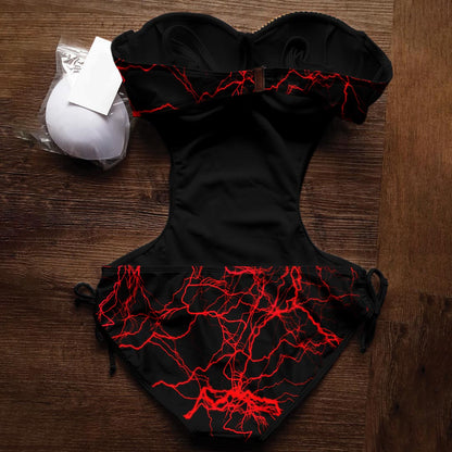 Women's One Piece Swimsuit Tummy Control, Red Nightmare Padded Push Up Bathing Suit. This striking swimsuit features trendy cut-out designs, a back buckle, and adjustable shoulder straps for a perfect fit. The bold red color and nightmare artwork add a unique and stylish touch to the classic silhouette.