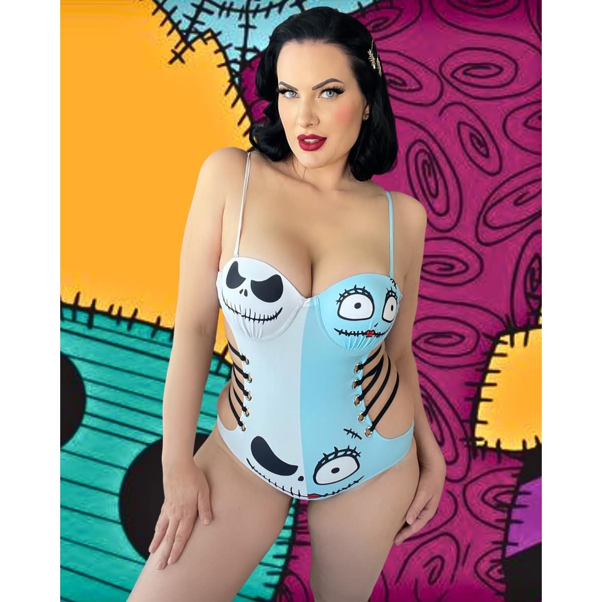 Women's-One-Piece-Swimsuit,-Blue-White-Push-Up-Tummy-Cotrol-Bikini-2Women's One Piece Swimsuit, Blue White Push Up Tummy Cotrol Bikini! This stylish bikini set features a beautiful combination of white and blue, inspired by "Nightmare Movie Art". With UPF 50+ protection and tummy control, feel confident and comfortable while lounging by the pool. Plus, the removable straps allow for versatile styling options. Dive in with ease and style!