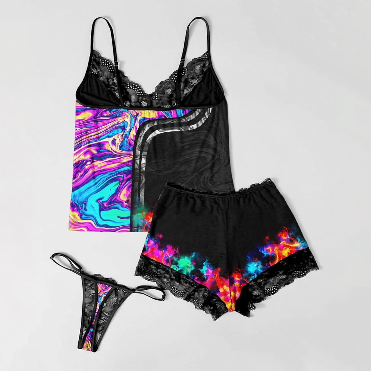 Wonder Skull Women's Pajama Set combines comfort and allure with a deep V-neckline, lace details, adjustable straps, and a mini length to highlight your curves. Perfect for stylish lounging and cozy sleep, it adds a touch of charm to your day.