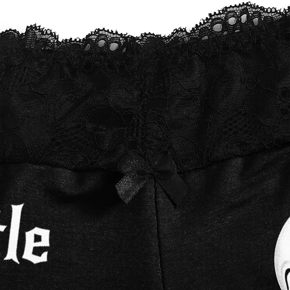 Wonder Skull Women's Pajama Set combines comfort and allure with a deep V-neckline, lace details, adjustable straps, and a mini length to highlight your curves. Perfect for stylish lounging and cozy sleep, it adds a touch of charm to your day.