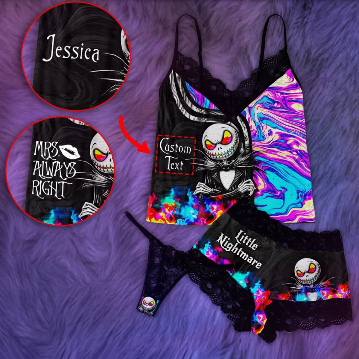 Wonder Skull Women's Pajama Set combines comfort and allure with a deep V-neckline, lace details, adjustable straps, and a mini length to highlight your curves. Perfect for stylish lounging and cozy sleep, it adds a touch of charm to your day.