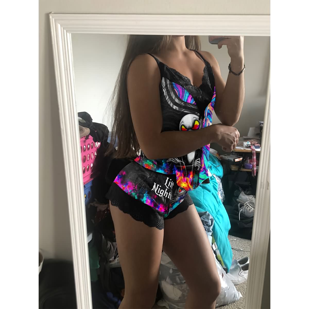 Wonder Skull Women's Pajama Set combines comfort and allure with a deep V-neckline, lace details, adjustable straps, and a mini length to highlight your curves. Perfect for stylish lounging and cozy sleep, it adds a touch of charm to your day.