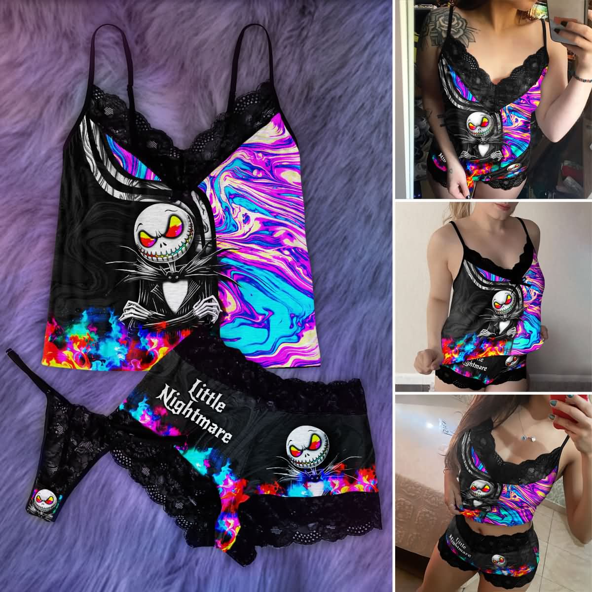 Wonder Skull Women's Pajama Set combines comfort and allure with a deep V-neckline, lace details, adjustable straps, and a mini length to highlight your curves. Perfect for stylish lounging and cozy sleep, it adds a touch of charm to your day.