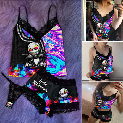 Wonder Skull Women's Pajama Set combines comfort and allure with a deep V-neckline, lace details, adjustable straps, and a mini length to highlight your curves. Perfect for stylish lounging and cozy sleep, it adds a touch of charm to your day.