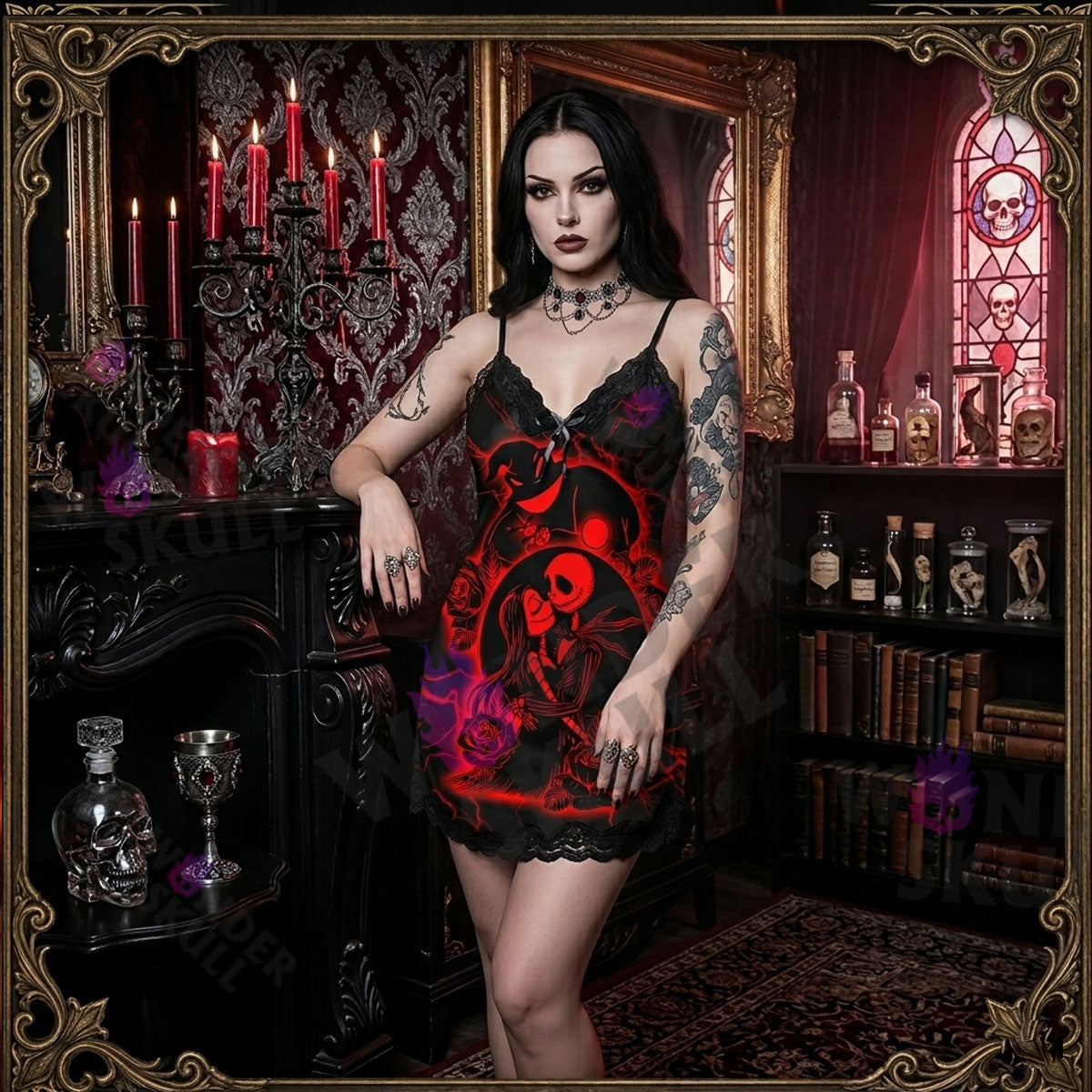 Women's Red Lace Nightgown, Sexy Spaghetti Strap Babydoll Nightwear Chemise. Indulge in luxurious comfort and stunning style with this red lace chemise featuring a slim fit design and plunging V-neckline. Inspired by 'Little Nightmare Before Xmas', this nightgown combines gothic symbols with red lace for a captivating look. Perfect for a romantic evening, the dual side slits add a touch of sexiness to this beautiful piece.