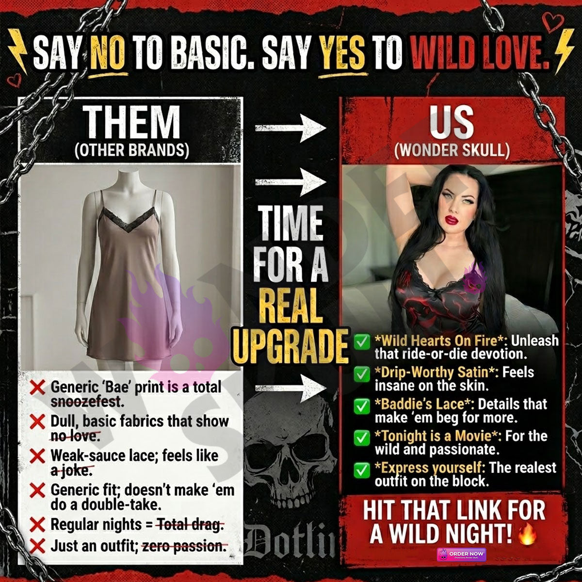Wonder Skull Women's Red Lace Nightgown, Sexy Spaghetti Strap Babydoll Nightwear Chemise. Indulge in luxurious comfort and stunning style with this red lace chemise featuring a slim fit design and plunging V-neckline. Inspired by 'Little Nightmare Before Xmas', this nightgown combines gothic symbols with red lace for a captivating look. Perfect for a romantic evening, the dual side slits add a touch of sexiness to this beautiful piece.
