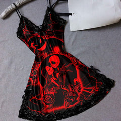 Women's Red Lace Nightgown, Sexy Spaghetti Strap Babydoll Nightwear Chemise. Indulge in luxurious comfort and stunning style with this red lace chemise featuring a slim fit design and plunging V-neckline. Inspired by 'Little Nightmare Before Xmas', this nightgown combines gothic symbols with red lace for a captivating look. Perfect for a romantic evening, the dual side slits add a touch of sexiness to this beautiful piece.