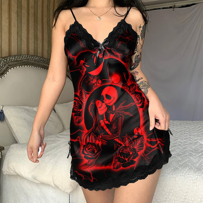 Unleash your inner seductress with this Bundle of Sexy Nightmare Lace 3 Piece Sleepwear and Women's Red Lace Nightgown. Featuring stunning artwork inspired by "Nightmare Before Xmas", this duo offers both a sexy and chic red option and a mysterious radiant purple option. Perfect for adding some fantasy to your sleepwear collection.