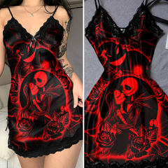 Women's Red Lace Nightgown, Sexy Spaghetti Strap Babydoll Nightwear Chemise. Indulge in luxurious comfort and stunning style with this red lace chemise featuring a slim fit design and plunging V-neckline. Inspired by 'Little Nightmare Before Xmas', this nightgown combines gothic symbols with red lace for a captivating look. Perfect for a romantic evening, the dual side slits add a touch of sexiness to this beautiful piece.