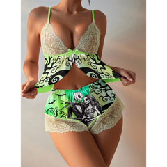 Women's Sexy Lace Pajama Set in Green Nightmare Babydoll Lingerie Set. This captivating set features a lace-adorned babydoll with a flattering silhouette and intricate lace details. The deep green color adds a touch of mystery, while the delicate lace trim enhances the allure. Perfect for a night of romance or lounging in luxury.