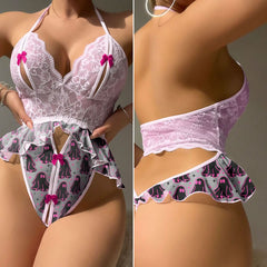 Experience the ultimate in comfort and charm with this versatile and vibrant pink lace Wonder Skull Women's Lingerie Set Pink Boo Cut-out Bodysuit Nightwear One Piece Outfit. Featuring a playful ghost print mini skirt and adjustable straps for the perfect fit, indulge in the ultimate softness of this seductive fabric. Perfect for any occasion, this lingerie set will add a cheeky surprise to your sleepwear collection.