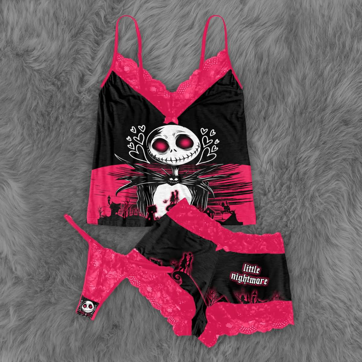 Wonder Skull Black Pink Skull Romantic Gothic Pajama Sleepwear Lace Set combines gothic charm with cozy confidence. The bold black-and-pink design pairs edgy skull graphics with delicate lace, blending sweetness with rebellion. Slip into this set for comfort and attitude—sleepwear that matches your fearless spirit.