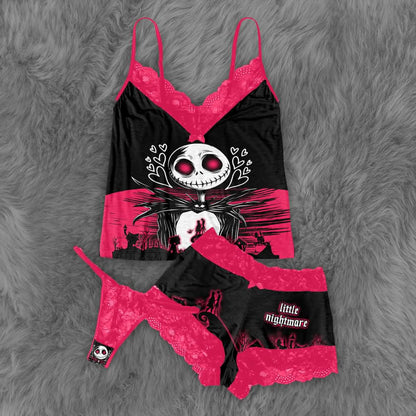 Wonder Skull Black Pink Skull Romantic Gothic Pajama Sleepwear Lace Set combines gothic charm with cozy confidence. The bold black-and-pink design pairs edgy skull graphics with delicate lace, blending sweetness with rebellion. Slip into this set for comfort and attitude—sleepwear that matches your fearless spirit.