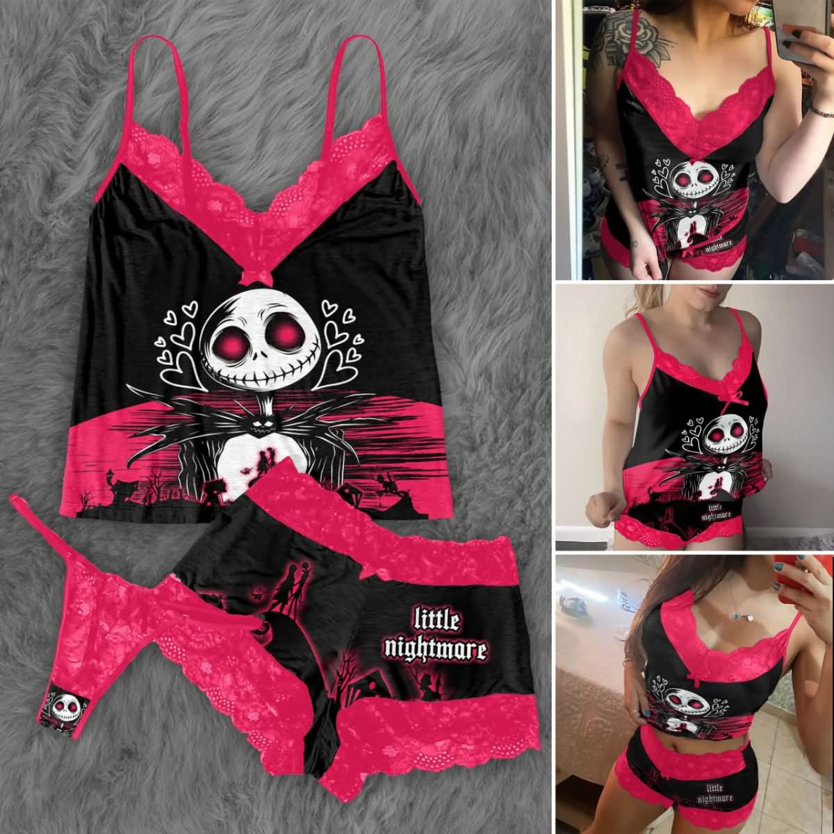 Wonder Skull Black Pink Skull Romantic Gothic Pajama Sleepwear Lace Set combines gothic charm with cozy confidence. The bold black-and-pink design pairs edgy skull graphics with delicate lace, blending sweetness with rebellion. Slip into this set for comfort and attitude—sleepwear that matches your fearless spirit.