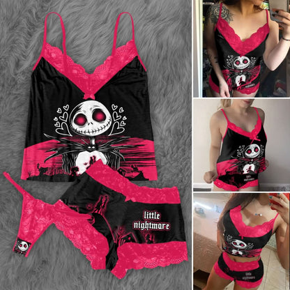 Wonder Skull Black Pink Skull Romantic Gothic Pajama Sleepwear Lace Set combines gothic charm with cozy confidence. The bold black-and-pink design pairs edgy skull graphics with delicate lace, blending sweetness with rebellion. Slip into this set for comfort and attitude—sleepwear that matches your fearless spirit.